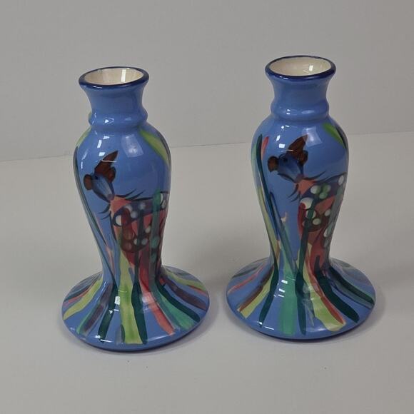 Mexican Hand Painted Candle Sticks 6 Inch Blue Set of 2 Art Pottery Vintage 2001 - Picture 9 of 9
